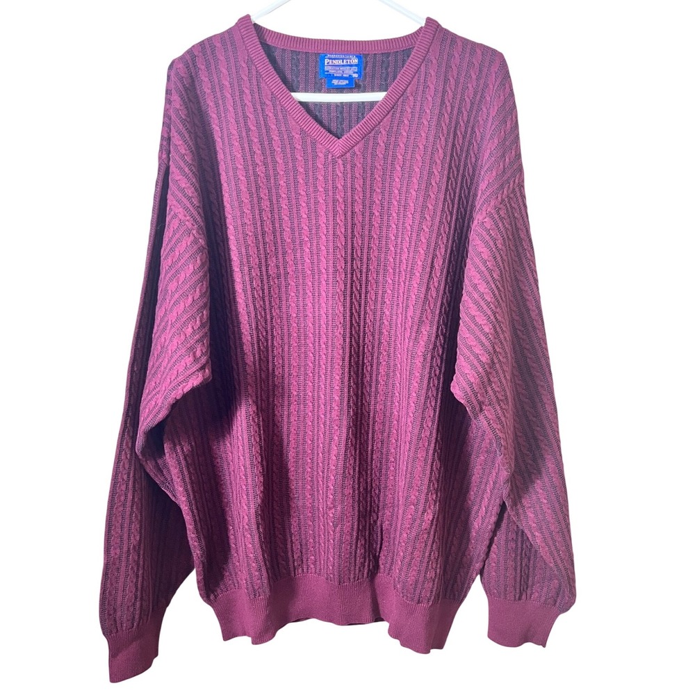 Vintage Men's Pendleton V Neck Cable Knit Sweater Cotton Blue Label 90's Size XL